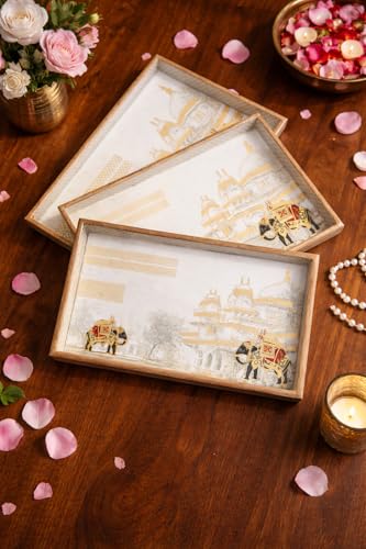 Image of Premium Wooden Serving Tray Set of 3 | Ethnic Indian Art Printed Tea, Coffee & Snack Trays | Decorative Multipurpose Home & Kitchen Serving Tray (F-06)