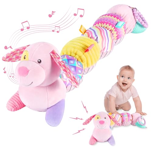 Image of Baby Toys 0-6 to 12 Months, Musical Infant Toys with Multi-Sensory Crinkle, Rattle and Textures, Soft Stuffed Animal Newborn Toys for 0-3-6-12 Month Old Baby Girls - Puppy, Pink