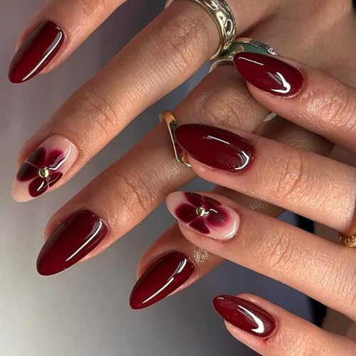 Viugex 24 chiodi da incollare, a mandorla corta, colore rosso bordeaux, French Press on Nails, fiori naturali artificiali, ballerina, eleganti unghie acriliche, copertura completa unghie finte per