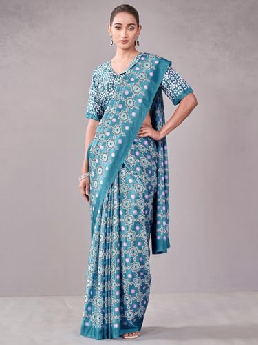 Image of Satrani Women's Chinnon Printed Saree with Unstitched Blouse Piece