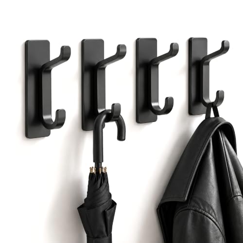 Ganchos de pared adhesivos, sin agujeros, de acero inoxidable, Soporta hasta 6 Kg, Apto para baño, baño, cocina, oficina, Color Negro, Contiene 4 unidades