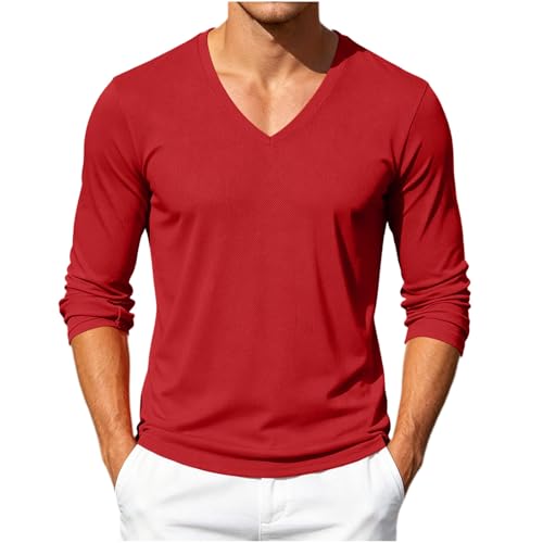 Lingoodean Men's T-Shirt V Neck Long Sleeve Plain Casual Slim Fit Red