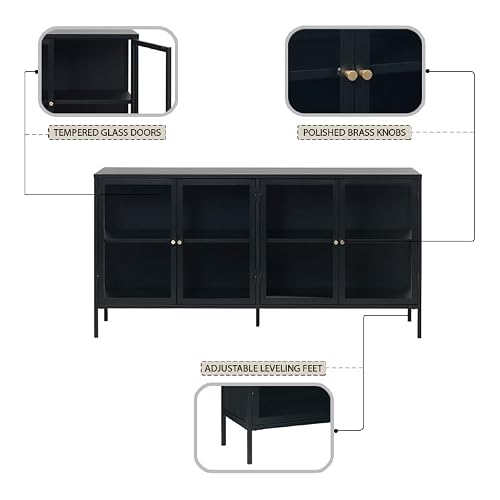 Modern Steel Dover 4-Section Sideboard Glass Door Display Cabinet With 8 Shelves, Adjustable Feet, Freestanding, Bookcases & Shelves For Home Office, Living Room, 15.75 X 67 X 33.5 In., Black/Gold #TOP2