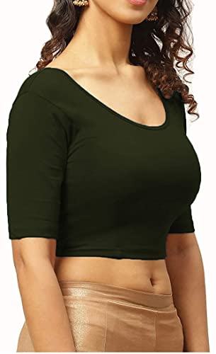 Image of THE BLAZZE 1303 Women's Cotton Scoop Neck Backless Elbow Sleeve Crop Top Readymade Saree Blouse for Women