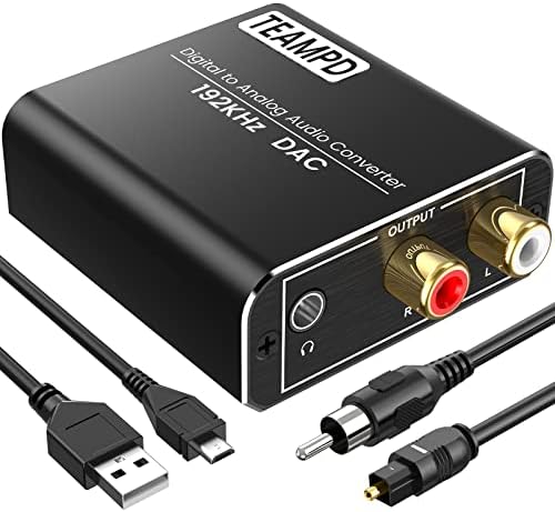 192KHz Digital to Analog Audio Converter, Aluminum Optical to RCA Converter with Optical Coaxial Cables, Toslink Optical Digital to RCA (L/R) and 3.5mm Jack DAC For TV PS4 DVD PS3 Amp Receiver Speaker