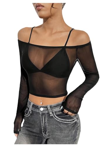 SHENHE Women's Off Shoulder Sheer Mesh Cropped Tee Long Sleeve Sexy Slim Fit Shirt Top