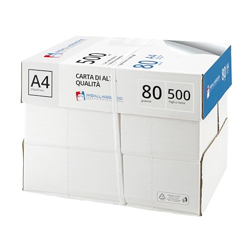 IMBALLAGGI 2000- Risma Carta A4 per Stampante, 5 Risme da 500 Fogli di Alta Qualità, Indispensabile in Ufficio, Pack 5x500 Fogli