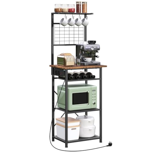 Mahancris Estante Para Panadería, Estantería De Cocina Para Microondas Con Base De Carga, Estante Para Cafetera, 2 Enchufes Y 1 Interruptor De Encendido, Marrón Vintage Y Negro Abrhr23ue01