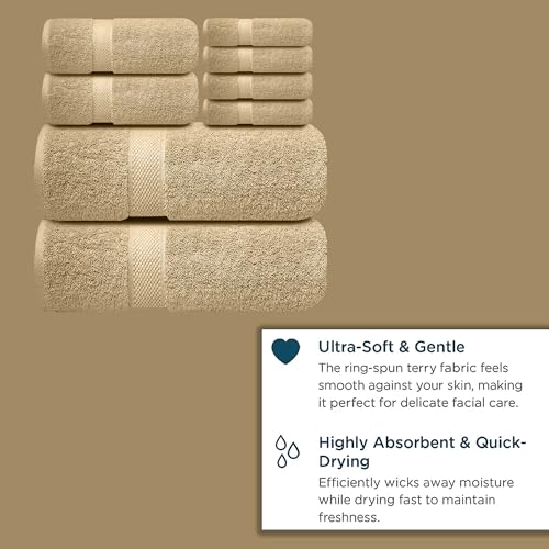 Image of Sulfar 100% Combed Cotton, 8 Pcs Towel Set - 2 Bath Towels (70 x 140 cm), 2 Hand Towels (40 x 70 cm) and 4 Face Towel (30 x 30 cm) (600 GSM, Pack of 8) Bleach Sand