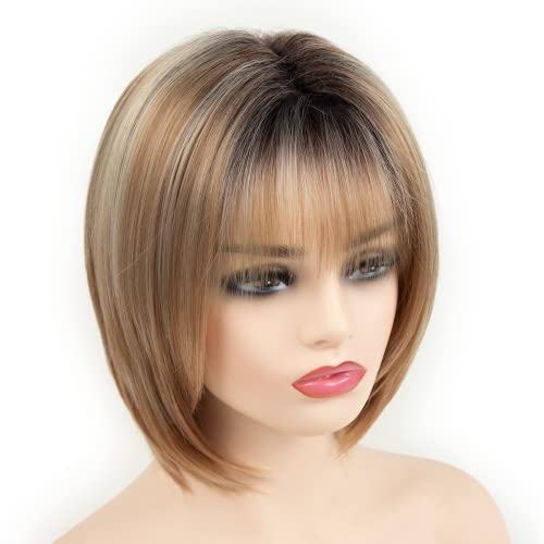 Renershow Blonde Highlight Short Pixie Bob Wig With Bangs Straight Ombre Blonde Synthetic Wig With Dark Roots Layered Blonde Wigs For Women #TOP5