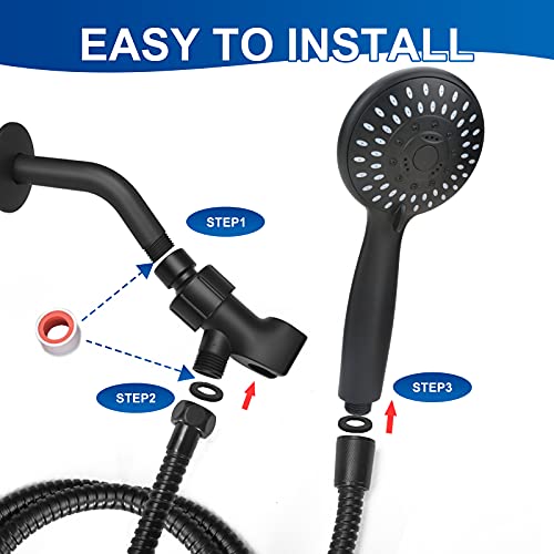 Luxsego High Pressure Shower Head, 5-Setting Powerful Shower Spray Against Low Pressure Water Supply Pipeline With 59'' Hose & Adjustable Holder, Handheld Showerhead With Massage Setting, Matte Black #TOP4