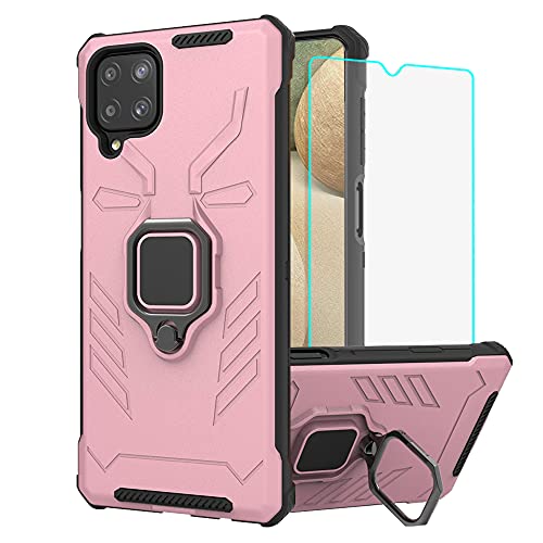 Samsung Galaxy A12 Case, Samsung A12 Cases with HD Screen Protector, Yiakeng Military Grade Protection Shockproof Cover Case with Ring Kickstand for Samsung Galaxy A12 (Rose Gold)