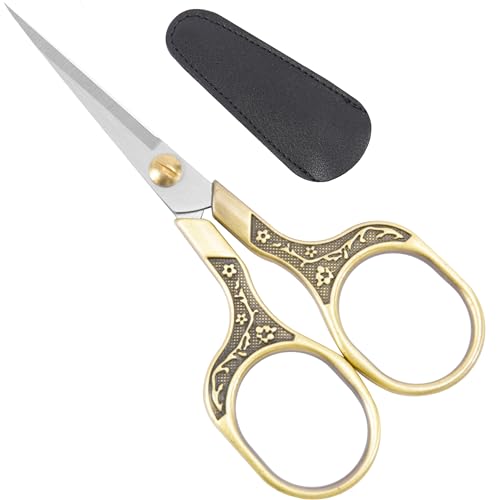 Needlepoint Scissors with Leather Sheath, 5" Vintage Antique Bronze Small