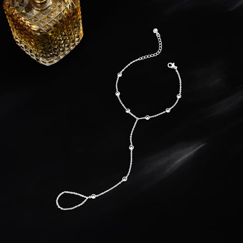 Image of Hand Chain Bracelet for Women Trendy, Dainty Silver Beaded Finger Ring Bracelet Non Tarnish Minimalist Adjustable Simple Cute Silver Bracelets Waterproof Fashion Jewelry