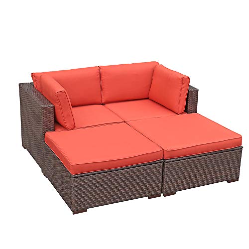 OC Orange-Casual 4 Pieces Patio Furniture Sectional Set Outdoor All-Weather PE Rattan Wicker Lawn Conversation Sets Brown Wicker Orange Cushioned Garden Sofa Set