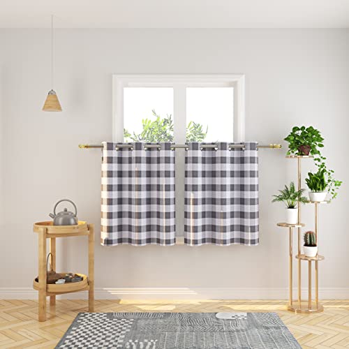Natus Weaver Tier Curtains 30 Inches Long Buffalo Check Gingham Plaid Kitchen Window Curtain Panels Bathroom Grommet Top Window Treatment 2 Panels Grey And White #TOP16