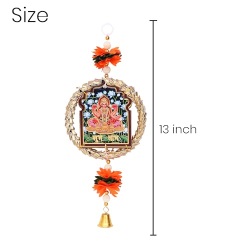 Image of Akaar Decor Lakshmi Ganesha Hanging Wall Decor Set of 2 | Traditional Diwali Decoration for Home Entrance, Pooja Room & Temple | Floral Hanging with Bell & Golden Wreath Design