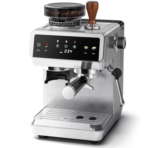 AMZCHEF Machine à café Expresso avec broyeur intégré 20 Bars – 44 réglages de mouture, buse vapeur lait, 4 températures, fonction café froid, acier...