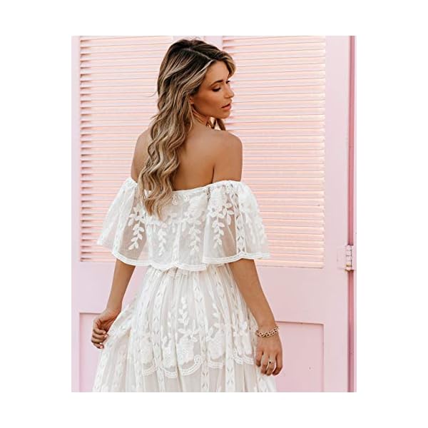MERMAIDS-CLOSET-Womens-Casual-Off-Shoulder-Maxi-Dress-White-Lace-Sleeve-Beach-Dresses MERMAID'S CLOSET Womens Off Shoulder Embroidered Lace Maxi Dress Boho White Wedding Guest Party Maternity Photoshoot Dresses