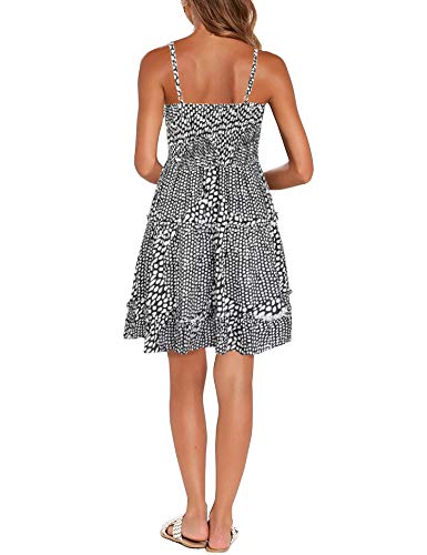 Image of FANCYINN Women Floral Casual Tiered Mini Dresses Spaghetti Strap V Neck Backless A Line Swing Short Dress with Pockets