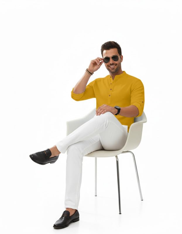 Image of Macsivo Men's Cotton Blend Solid Short Kurta with Regular Lenth Mandarin Neck Full Sleeves and roll-up tab| Kurta Style Shirt for Men