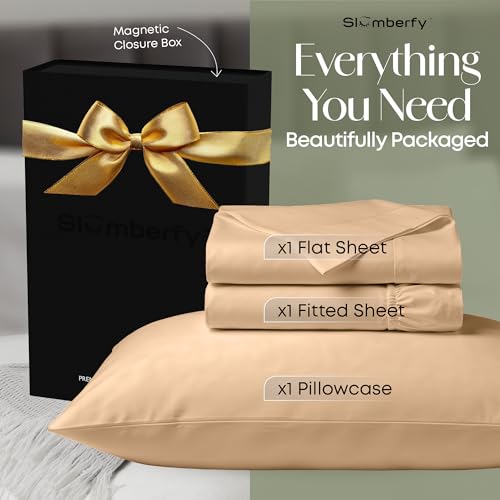 Image of Slumberfy 3-Piece 400 TC Viscose Derived from Bamboo Sheets, Twin Size - 1 Fitted, 1 Flat, 1 Pillow Case - Deep Pocket Cooling Viscose-Bamboo Bed Sheets in Magnetic Closure Gift Box, Sand
