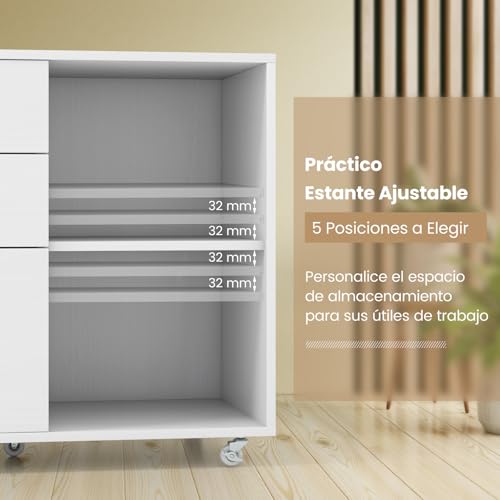 COSTWAY Cajonera con Ruedas, 3 Cajones, Cajoneras Escritorio con Estante Ajustable, Mueble Archivador Oficina, Carta, A4, Tamaño Legal, 81 x 40 x 66,5 cm (Blanco) - imagen 7