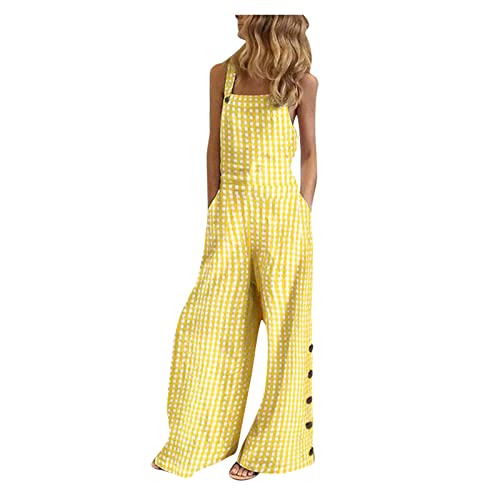 Mustard Yellow Bib Pants for Women Fall Summer Faux Linen Loose Fit Casual Overall Plaid Slit Flared Wide Leg Coveralls Trousers Pants Unitard Ladies Button 2025 S