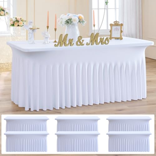 Image of NSSONBEN 6 Pack White Spandex Tablecloth for 6 Foot Rectangle Tables,Wrinkle Free High Stretch Fitted Table Cloths 6ft, Elastic Spandex Table Covers 6ft with Pleats Skirt for Party Wedding Banquet