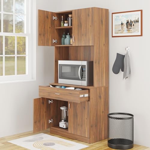 Image of VIKI Furniture | Kitchen Cabinet - Drawer with Doors & Open Shelves, Organizer for Kitchen, Bedroom, Hallway & Living Room (Brussel Walnut - 40D x 80W x 180H cm) | 1 Year Warranty
