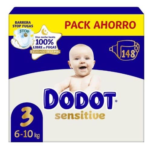 Dodot Sensitive Talla 3 (6-10 kg) Mega Pack 148 Pañales | Protección Suave para la Piel del Bebé | Máxima Absorción y Cuidado Diario