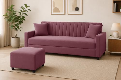 Image of Modern 3-Seater Velvet Sofa with Ottoman| Vertical Channel Tufted Backrest | Comfortable Living Room Sofa | Contemporary Furniture for Home, Bedroom & Office | Rose Pink