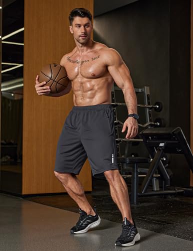 COOFANDY Mens Athletic Running Shorts 9" Lightweight Quick Dry Drawstring Mesh Gym Shorts with Zipper Pockets (Dark Grey, Large) - Image 2