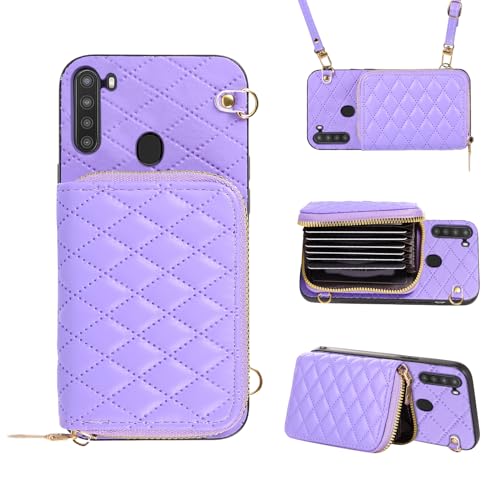 Furiet Compatible with Samsung Galaxy A21 Zipper Wallet Case with Crossbody Shoulder Strap, 8 Card Slots and TPU Leather Stand Full Body Accessories Cell Phone Cover for 21A 2020 Women Girls Purple