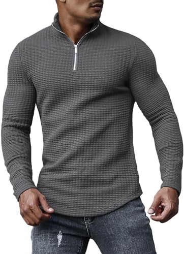 KUYIGO Men's Polo Shirt Quarter Zip Long Sleeve Sports Shirts Tennis Golf Ribbed Knit T-Shirt M Dark Grey