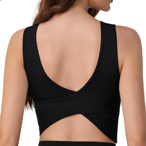 SHUIMILI Soutien-gorge de sport pour femme - Haut de fitness - Évacuation de l'humidité - Pour yoga, pilates, gym, Noir , L
