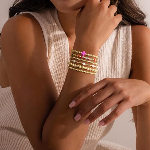 M MOOHAM Beaded Bracelets for Women Girls, 14K Gold Plated Bracelet Stack - image 3