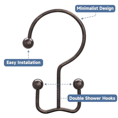 Image of Titanker Shower Curtain Hooks Rings, Rust Resistant Metal Minimalist Simple Double Glide Shower Hooks Rings for Bathroom Shower Rods Curtains, Set of 12 Hooks - Bronze