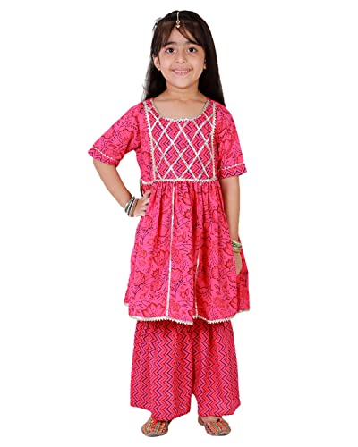 Image of superminis Baby Girl's Cotton Sanganeri /Floral Printed Frock Style Kurti With Printed Sharara Dress Clothing Set