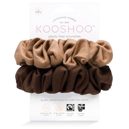 KOOSHOO Scrunchies - Organic Cotton Scrunchie Set Made from Plants - Washable, Durable, No-Damage Accessories for All Hair Types - Fair Trade, Ethically Made, Vegan - 2ct - Macchiato Brown