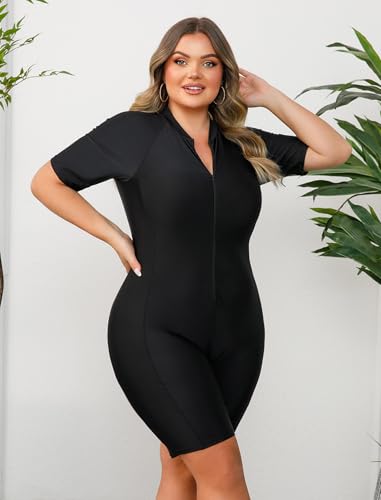 Odizli Badeanzug Damen Große Größe Sport Schwimmanzug mit Bein Mollige Frauen Kurzarm Reißverschluss Bauchweg Kurz Neoprenanzug Surfanzug Surfer Grosse Grössen Badeanzüge Bademode Schwarz 4XL-3