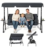 LZQ Hollywoodschaukel 3-Sitzer mit Liegefunktion Garten Schaukelbank mit verstellbarem Sonnendach, Gartenliege Gartenschaukel mit Anti-Rutsch-Füßen, Verandaschaukel Outdoor Schaukel, Anthrazit