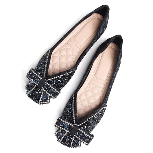 Image of SAILING LU Women's Rhinestone Square Toe Bowknots Ballet Flats Loafers
