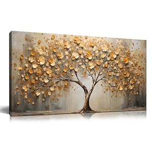 Tree Art Pictures for Wall in Living Room – Gold Yellow Canvas Wall Art for Bedroom – Abstract Art Wall Decor for Office Size 20″ x 40″