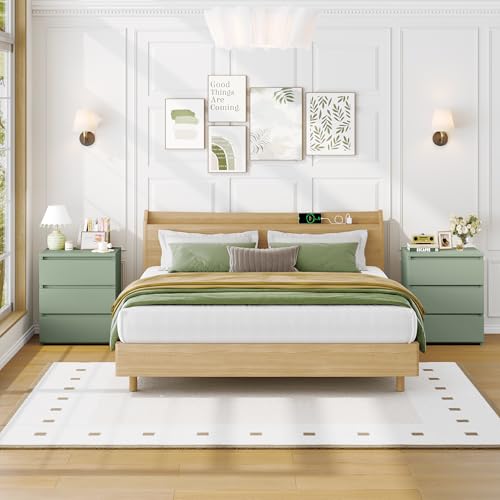 Image of FOTOSOK Nightstand with 3 Drawers, Bedside Table Night Stand for Bedroom with Cut-Out Handle, Sofa Side Table 3 Drawer Nightstand for Bedroom, 17.7W*15D*21.7H, Green
