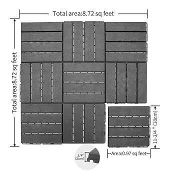 Plastic Interlocking Deck Tiles, 36 Pack Patio Deck Tiles, 12x12 Waterproof Outdoor Flooring All Weather Use, Patio Floor Decking Tiles for Porch Poolside Balcony Backyard, Dark Grey