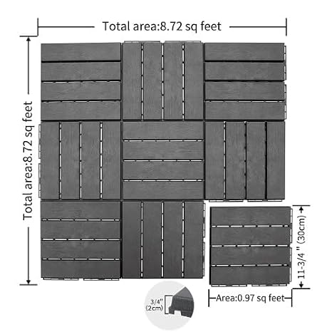 Plastic Interlocking Deck Tiles, 36 Pack Patio Deck Tiles, 12x12 Waterproof Outdoor Flooring All Weather Use, Patio Floor Decking Tiles for Porch Poolside Balcony Backyard, Dark Grey