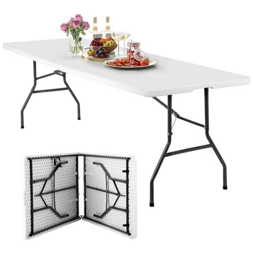 FDW 8FT Folding Table, Portable Fold-in-Half Plastic Picnic Party Table with Carrying Handle (White, 8FT)