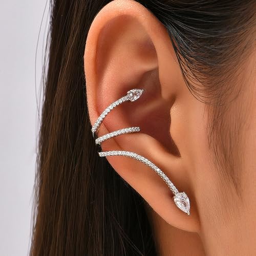 Glitter Rhinestone Ear Cuff Earrings for Women,Unique Multilayer Cartilage Ear Climber Earrings,Trendy Silver Piercing Illusion Earring,Glossy Everyday Jewelry Gifts3