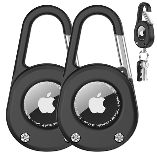 SCALLOP for AirTag Holder with Carabiner,Thick Hard PC AirTag Keyring,IPX8 Waterproof,Secure Lock,Transparent Window,Metal Spring Buckle,Universal Wheel Key Chain for Apple AirTag (Black 2 Pack)
